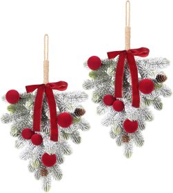 Super Holiday Flocking Christmas Decorations, 2PCS Artificial Burgundy Velvet Bow Ball Wreaths Front Door Hanging Decoration