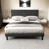 Dark Gray Queen Size Tufted Platform Bed Frame - Linen-Like Upholstery, Horizontal Stripe Headboard