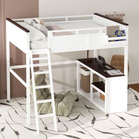 Queen Size Loft Bed with Desk,Open Shelf and a Storage Box,USB Charging Station,White