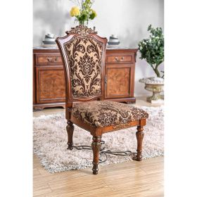 Traditional Fancy Set of 2pcs Side Chairs Brown Cherry Solid wood Intricate Carved Details Floral Design Print Fabric Seats Formal Dining Room Furnitu