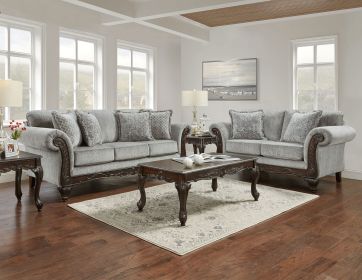 Hernen Carved Wood Frame Gray Sofa and Loveseat Set