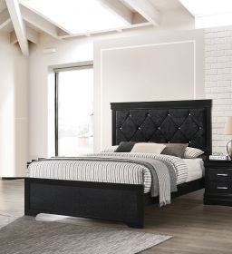 Modern 1pc Black Finish King Size Panel Bed Wooden Fabric Upholstered Headboard Crystal-Like Button Tufted Fabric Bedroom Furniture