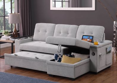 Ashlyn II 84"W Gray Woven Fabric Reversible Sleeper Sectional Sofa with Storage Chaise, Storage Arm, Cup Holder, Charging Ports, Side Pockets