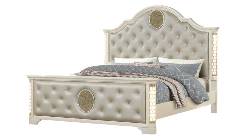 Queen Size Tufted Upholstery & LED Bed made with Wood in Beige