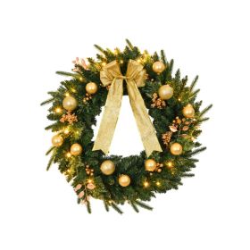 24in Pre-lit Battery Powered Christmas Wreath with Remote, Lighted Artificial Xmas Wreath with 50 Warm Lights and 120 PVC Tips and Ornaments