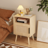 22.83" H Rattan Nightstand, Side Table with Door Open Shelf,Accent Bedside End Table with Solid Wood Legs for Bedroom, Dorm and Small Spaces