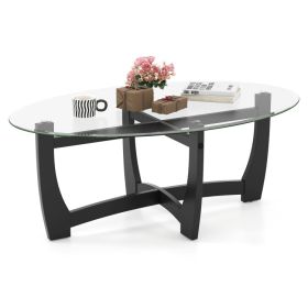 Oval Coffee Table with Tempered Glass Tabletop and Rubber Wood Legs