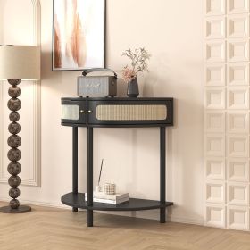Unique Half Moon Design End Table with Sliding Rattan Door