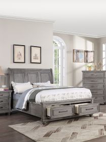 California King Size Bed w Under bed Drawer Vintage Look Gray Color Beautiful Panel 1pc Bedframe Bedroom