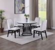 5pc Dining Set Contemporary Modern Style White Faux Marble Round Table Cage Like Base White Fabric Upholstery Dining Wooden Furniture Black Finish