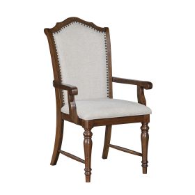 Formal Traditional Design Armchair Set of 2 Cherry Finish Fabric Upholstery Nailhead Trim Wooden Dining Furniture
