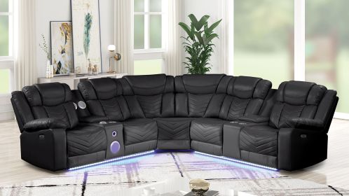 Challenger Modern Style Recliner Sectional Sofa, Built in USB-C Ports & Bluetooth, made with Wood & Faux Leather in Black