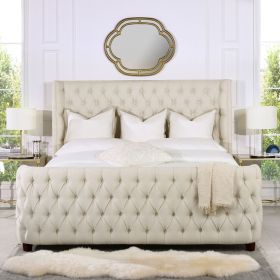 Brooklyn King Tufted Panel Bed Headboard and Footboard Set, Light Beige Linen