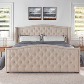 Marcella Upholstered Shelter Headboard Bed Set, King, Sky Neutral Beige Polyester