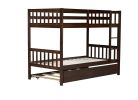 Twin Over Twin Rubber Wood Bunk Bed with Trundle, Convertible into Twin Size Beds, Twin Size Bunk Bed with Ladder and Safety Guardrails,Espresso