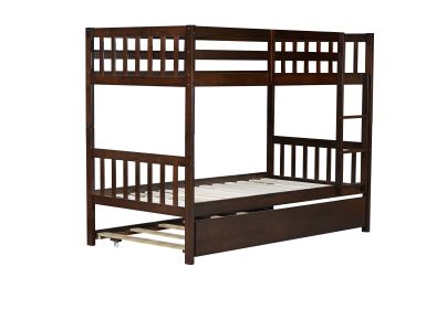 Twin Over Twin Rubber Wood Bunk Bed with Trundle, Convertible into Twin Size Beds, Twin Size Bunk Bed with Ladder and Safety Guardrails,Espresso