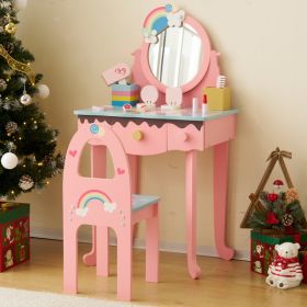 Kids Vanity Table and Chair Set with 7pcs Pretend Play Makeup Toys, Girls Vanity with Mirror & Stool, 3 Drawers & Tabletop Storage