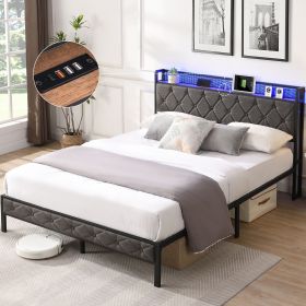 Full Bed Frame with Storage Headboard, Charging Station and LED Lights, Upholstered Platform Bed with Heavy Metal Slats, No Box Spring Needed
