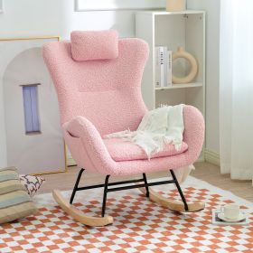 Rocking Chair Nursery, Teddy Upholstered Rocker Glider Chair with High Backrest, Adjustable Headrest & Pocket, Comfy Glider Chair for Nursery, Bedroom