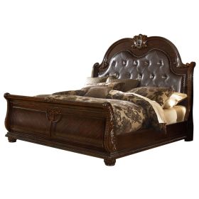 Roma Traditional Style Button Tufted Upholstery Headboard King Bed Made with Wood in Dark Walnut