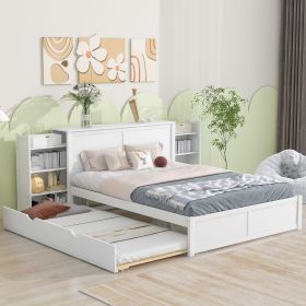 Queen Size Storage Platform Bed with Pull Out Shelves and Twin XL Size Trundle, White