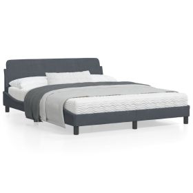 Bed Frame Dark Grey Velvet, Metal, Solid Pine Wood, Plywood Queen