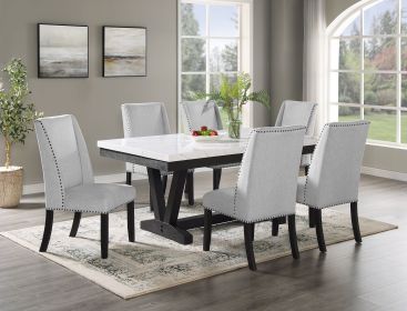 7pc Dining Set Contemporary Style White Faux Marble Rectangular Table Top Dove Gray Upholstery Chairs Nailhead Tufted Black Finish Wooden Solid Wood D