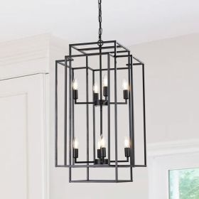 (Same as W1340142527/L1018-B) 18" Modern 8-Light Black Geometric Pendant Chandelier, Industrial Metal Frame, Adjustable Hanging Light for Living Room