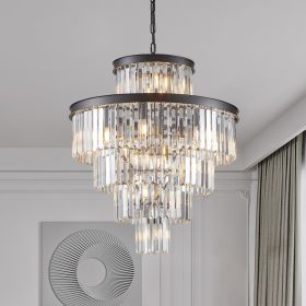 24" Luxury Crystal Chandelier with Black Finish – Elegant 15-Light 5 Tier Pendant Light Fixture for Living Room