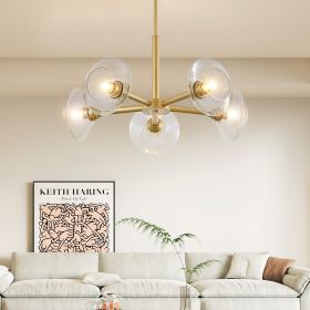 26" Modern Gold 5-Light Sputnik Chandelier with Clear Glass Shades, Mid-Century Hanging Pendant Light Fixture for Dining Room, Living Room