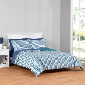 All in One Reversible Comforter and Sheet Set- 7 Piece, Queen, Blue Pinstripe