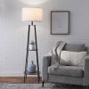 Etagere 62" Matte Black Mid-Century Style Floor Lamp, with 2 Wood Shelves