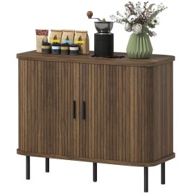 35.4" Sideboard Buffet Cabinet with Storage, Nordic Coffee Bar Cabinet with Slatted Tambour Doors and Metal Legs, Walnut