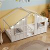 Twin-Size Kids House White Floor Bed- 82"x42"x51" Size, LED Light Strip (8 Warm-Glow Bulbs) for Cozy Atmosphere