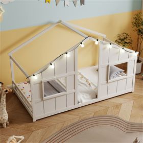Twin-Size Kids House White Floor Bed- 82"x42"x51" Size, LED Light Strip (8 Warm-Glow Bulbs) for Cozy Atmosphere
