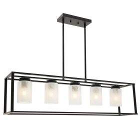 5-Light Industrial Modern Dining Room Ceiling Lighting in Matte Black Finish with Glass Shade Classic Pendant Island Lighting Fixture for Living Room