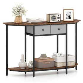 2-Tier Industrial Console Table - Polygonal Tabletop & Open Shelf, 2 Folding Fabric Drawers for Entryway/Hallway/Couch Behind