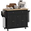 Kitchen Island Cart with Rubber Wood Top, Rolling Kitchen Island Table on Wheels with Drawers, Adjustable Shelves