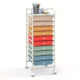 10 Drawer Rolling Storage Cart Organizer with Locking Wheels, Multi-Color Macaron Drawers, Metal Frame Mobile Utility Cart for Office, School, Home