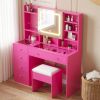 Barbie pink particle board, tempered glass top, linen-finished triamcinol finish, 5-drawer dressing table set with shelves and hooks, power strip
