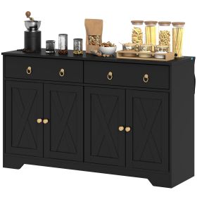 Kitchen Storage Sideboard, Farmhouse Buffet Cabinet with Barn Style Doors, Drawers, Adjustable Shelves, Black