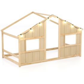 Twin-Size Kids House Natural Floor Bed- 82"x42"x51" Size, LED Light Strip (8 Warm-Glow Bulbs) for Cozy Atmosphere