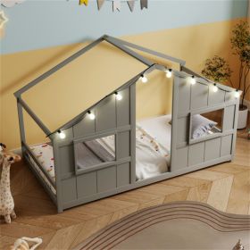 Twin-Size Kids House Gray Floor Bed- 82"x42"x51" Size, LED Light Strip (8 Warm-Glow Bulbs) for Cozy Atmosphere