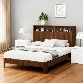 Queen Size bed frame with storage headboard, built-in charging station, wavy curved lines design, silent operation, metal support, Walnut