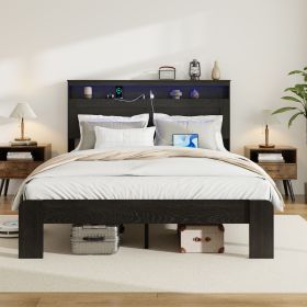 Bed Frame Queen Size, Wood Platform Bed Frame with Storage LED Light Headboard and 2 USB , Noise Free,No Box Spring Needed and Easy Assembly Tool