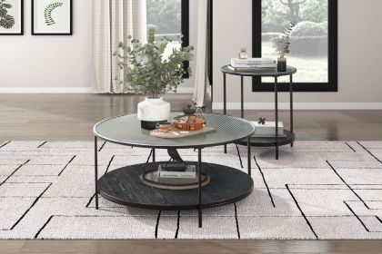 2pc Modern Occasional Table Set Coffee Table Glass Top End Table Black Metal Finish Living Room Furniture
