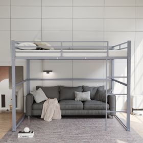 Metal Loft Bed Full Size, Loft Bed Frame with Safety Guard Rails & Flat Ladder, Twin Loft Bed for Kids Teens Adults, Gray