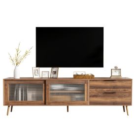 Modern TV Stand for 75"+ TV, TV Console with 2 Glass Doors, Entertainment Center with 2 Drawers & Storage Cabinet