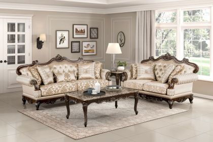 Formal Traditional Luxury Sofa Set 2pc Sofa Loveseat Cherry Finish with Gold Tipping Solid Wood Living Room Furniture