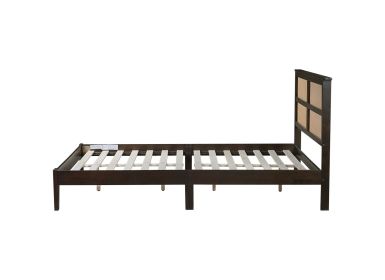 Queen Size Rubber Wooden, Solid Wooden Bed with Rattan Headboard, Enhanced by Support Feet,Espresso